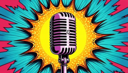 Podcast mic in frame with burst background in comic pop art style. Retro microphone for recording, broadcasting. Bright bold colorful graphic design element for entertainment content platform,
