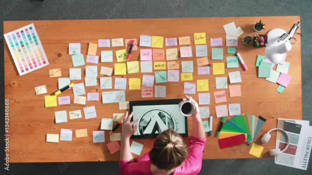 Poster top view of designer writing idea on colorful sticky notes while sitting at meeting table with table