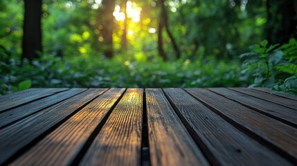 Fototapeta premium Sunlit Wooden Deck in a Verdant Forest: A Serene Summer Evening