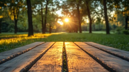 Fototapeta premium Golden Hour Serenity: A Wooden Bench in a Sunlit Park