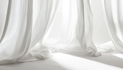 White sheer curtains, sunlight streaming through, minimalist interior, elegant backdrop