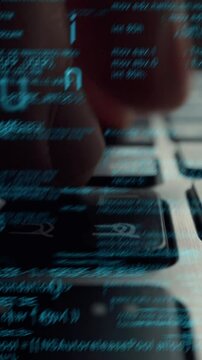 Creative visual of computer programming coding and software development shown by man working on computer keyboard with overlay of computer graphic displaying abstract program codes and computer script