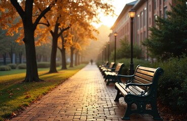 Pathway with benches in college campus during fall season. Sunlight filters through orange trees near brick building. Scenic autumn park landscape, educational architecture, student life. Study,