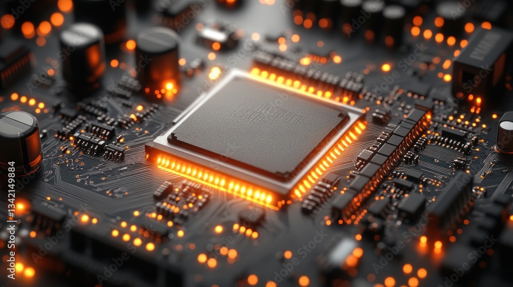 Poster close-up view of a modern cpu, showcasing intricate circuitry and glowing components.