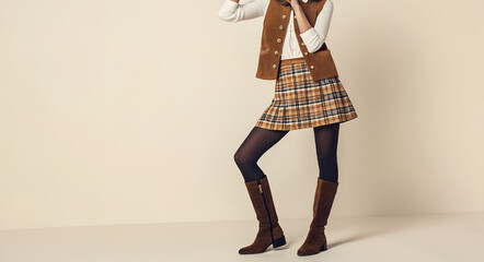 Brown suede vest, plaid skirt, tights and brown boots outfit.