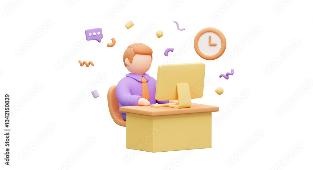 Poster isolated man working at desk with computer, office scene