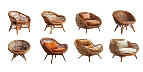 Collection of Six Stylish Wicker Armchairs with Cushions for Modern Home Decor isolated with Transparent Background