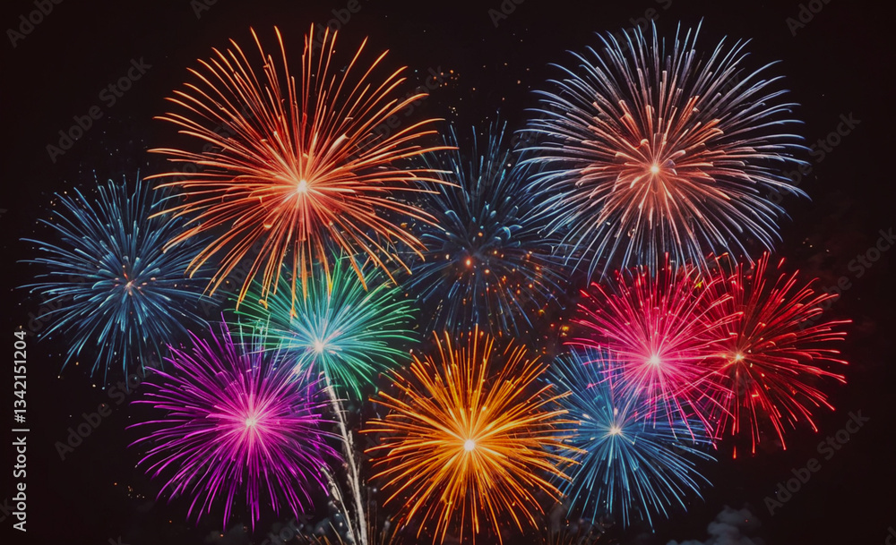 Poster fireworks display with a variety of colors and shapes. the fireworks are lit up in the dark sky, cre