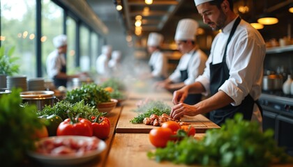 Noisy kitchen features chefs preparing meal ingredients, culinary team cooking. Pro restaurant setup, organic vegetables, herbs on table. Lively atmosphere, dynamic activity. Food preparation,