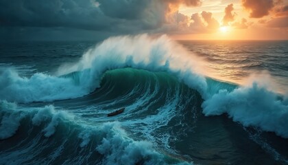 Fototapeta premium Dramatic ocean wave with small boat battling rough seas. Stormy sky sunset. Nature power adventure travel danger turbulence nautical marin motion. Seascape stormy wild wind energy.