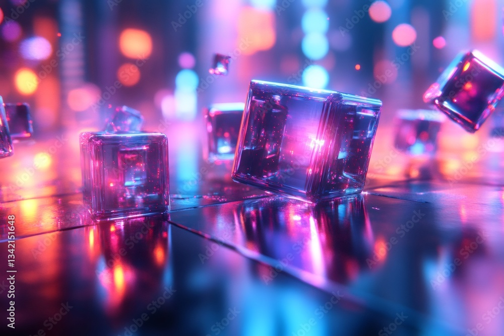 Poster glowing cubes floating on reflective surface in neon city