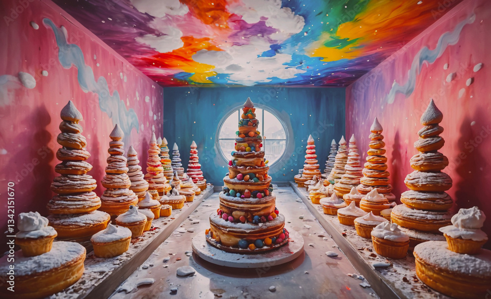 Poster room full of decorated cupcakes and a large cake with a tree on top. the room is decorated with a pi