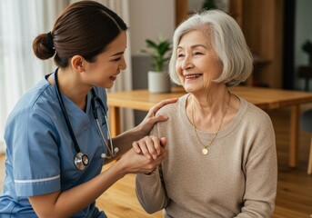 Fototapeta premium A caring nurse offers comfort and support to a smiling senior woman during a home visit.