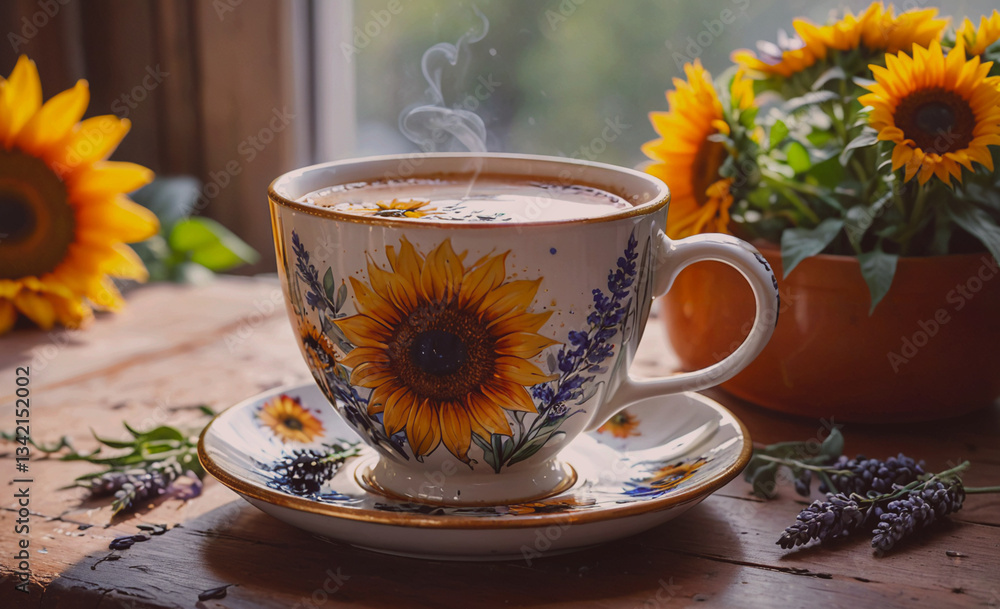 Poster cup with a sunflower design sits on a saucer on a wooden table. the cup is filled with steam and has