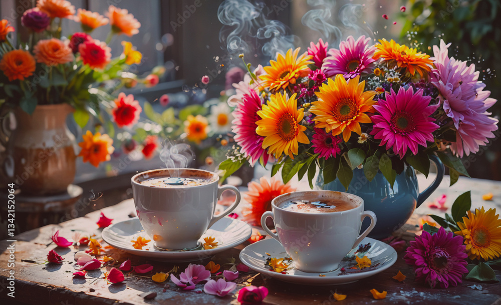 Poster Table with two white cups and a blue teapot with flowers in the cups. The cups are filled with coffee and the teapot is steaming. The table is covered with flowers and leaves, creating a warm and