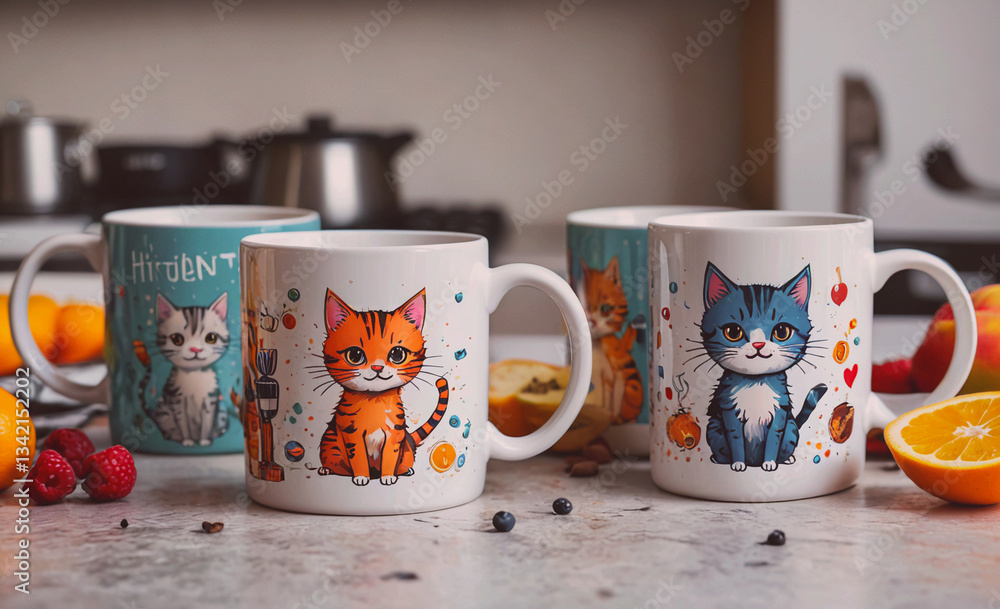 Poster four cute cat mugs with different colors and designs. the mugs are placed on a counter with fruit an