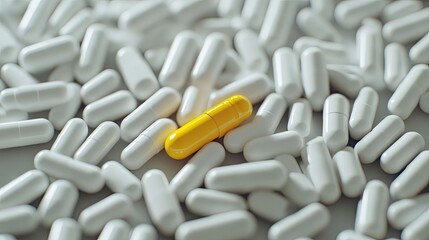 Heap of white capsules around a yellow one, alternative medicine concept