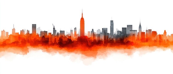 Fototapeta premium Fiery Manhattan Skyline: A Watercolor Cityscape
