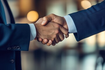  
Aperto de mãos entre duas pessoas em trajes formais dentro de um escritório moderno com fundo desfocado, criado com IA generativa