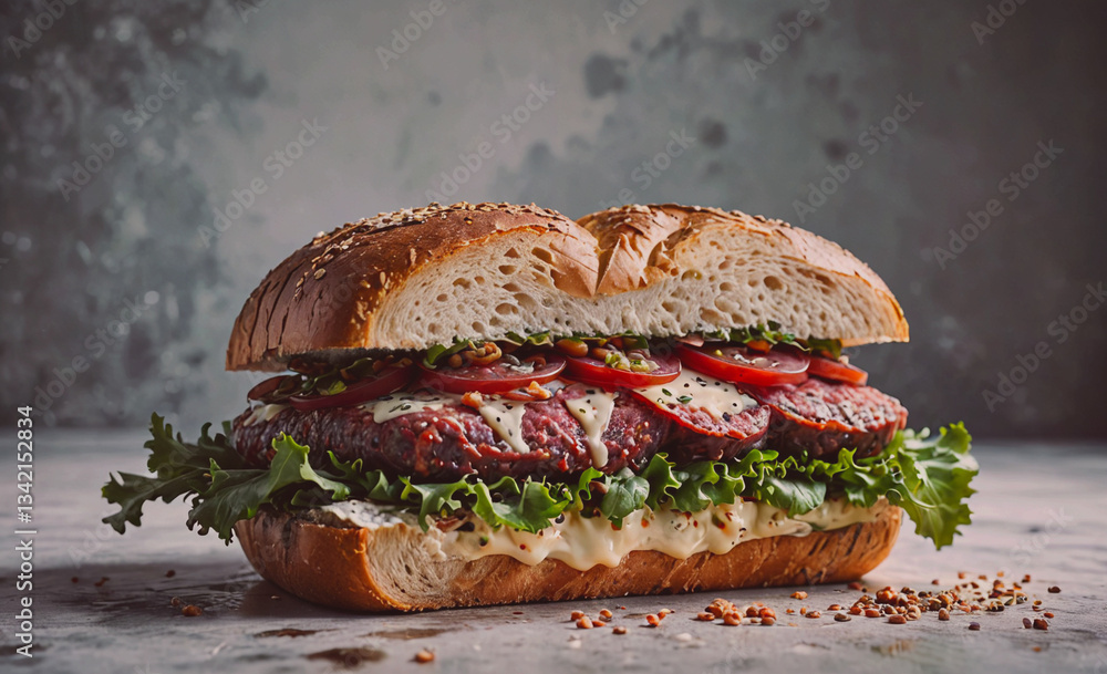 Poster sandwich with lettuce and tomato on it. the sandwich is cut in half and is sitting on a table