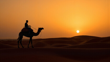 Camel rider silhouette against sunset in desert