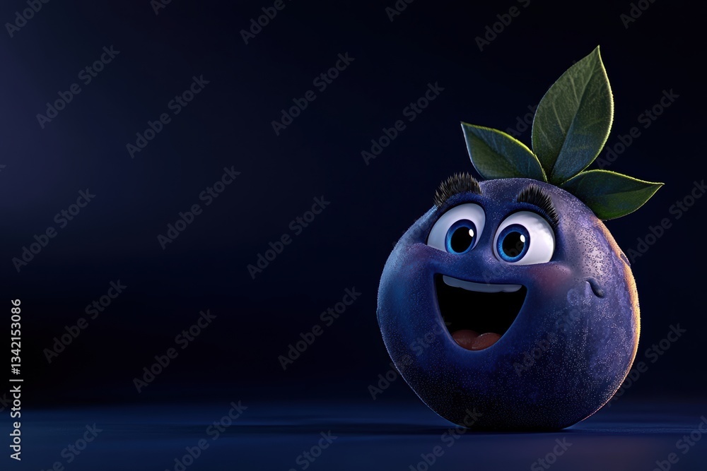 Poster Giggling Blueberry With Playful Expression on Dark Gradient Background Generative AI