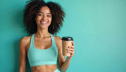 Smiling african woman in sport bra, workout attire holds coffee cup on clear turquoise background. Fit female drinks coffee after training at gym. Copy space to add text brand. Healthy lifestyle