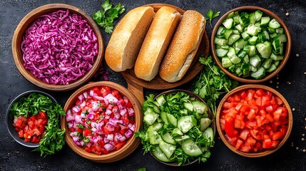 Overhead view showing various ingredients for preparing a meal
