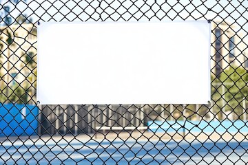 Blank white banner attached to chain-link fence