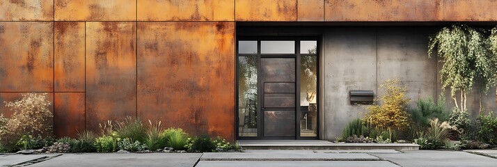 Modern Industrial Facade with Rusted Steel, Weathered Concrete, and Urban Appeal