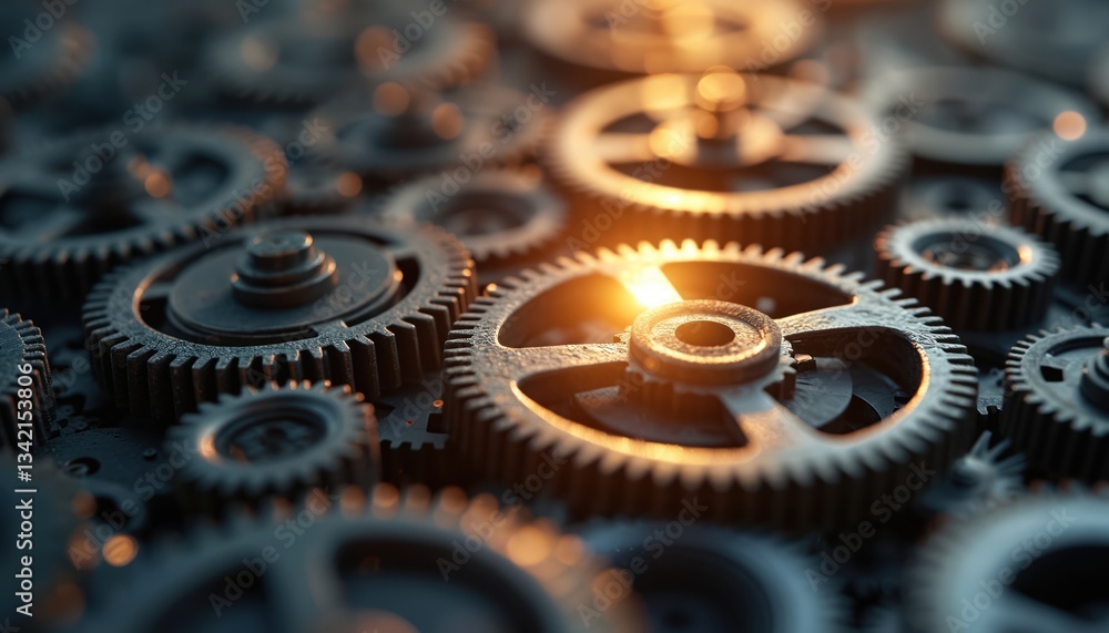 Poster Many metallic cogwheels and gears rotate with warm light glow in center. Teamwork concept demonstrates business solution, engineering, industry and tech progress, process control and development.