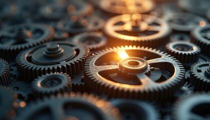 Many metallic cogwheels and gears rotate with warm light glow in center. Teamwork concept demonstrates business solution, engineering, industry and tech progress, process control and development.