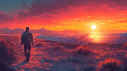Obraz premium Man walking towards solar panels at sunset