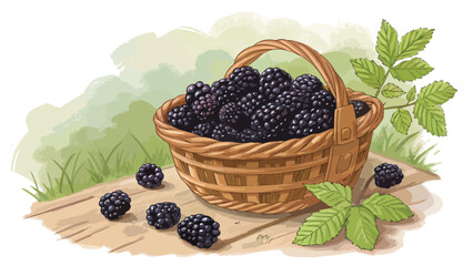 Blackberry Illustration vector design, Blackberry in wicker basket in natural background vector design