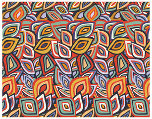 Fototapeta premium Colorful abstract pattern of overlapping leaf shapes in vibrant hues of red, yellow, green, and blue on a contrasting background.