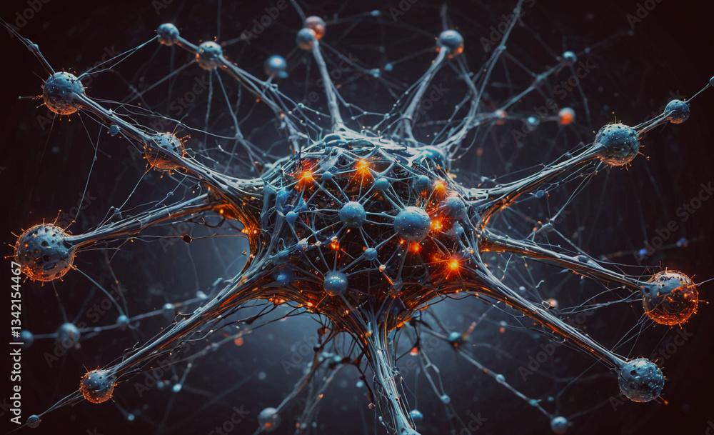 Fototapete Computer generated image of a brain with many neurons. The image is dark and the neurons are glowing
