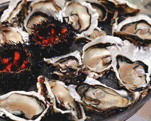 Top view of seafood platter: shellfish, oysters, sea urchin and balsamic sauce