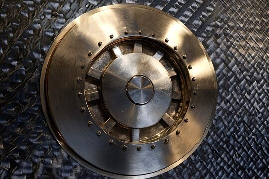 Round metal hatch closing a compartment on textured surface