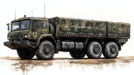 Military truck parked on rough terrain in daylight