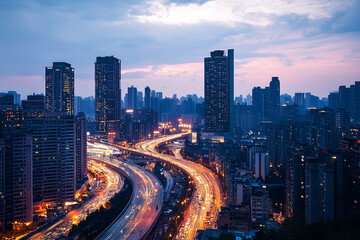 Obraz premium Vibrant city skyline with illuminated skyscrapers and busy highway at dusk, modern urban nightscape view