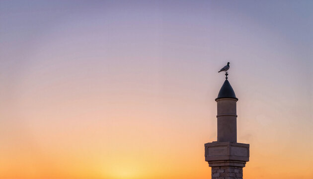 Pigeon perched on a tower against a sunset sky - Powered by Adobe