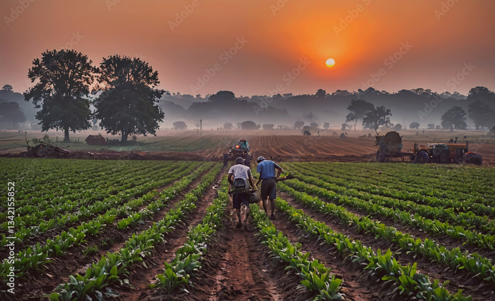 Poster man and a woman are walking through a field of crops. the sun is setting in the background, casting 