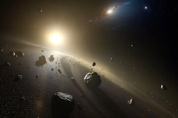 Asteroid ring orbiting a star in deep space with galaxy