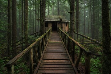 Fototapeta premium Misty Forest Treehouse Bridge, Atmospheric Escape