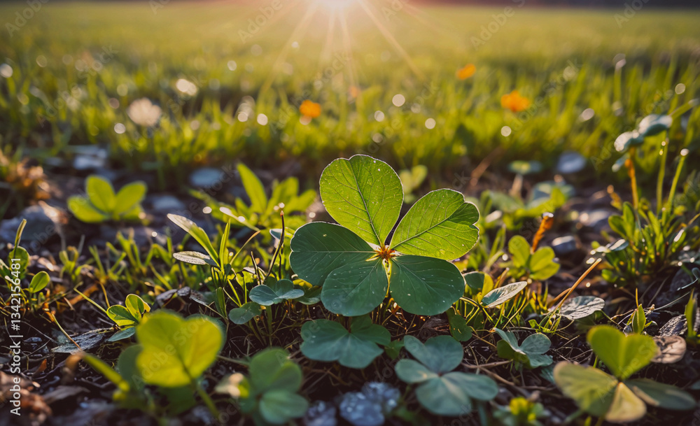 Poster Small green leaf is in the middle of a field of grass. The leaf is shaped like a clover and is surrounded by other clover leaves. Concept of growth and renewal