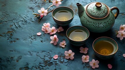 Traditional Japanese tea set with cherry blossom petals on a dark textured surface, evoking cultural serenity and elegance