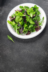 Fresh salad leaves mix salad juicy healthy snack micro greens, arugula, lettuce, oak leaf, green leaf salad tasty food background on the table rustic food top view copy space vegetarian and vegan