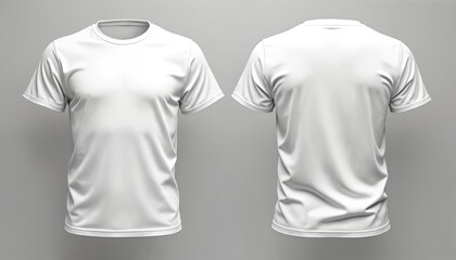 White t-shirt mockup, front and back view on gray background. Clean blank tee template. Casual clothing for man, woman apparel. Cotton shirt, short sleeve top, unisex wear. Generative AI.