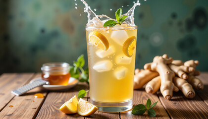 Refreshing ginger ale with lemon and mint on wood table, vibrant joy