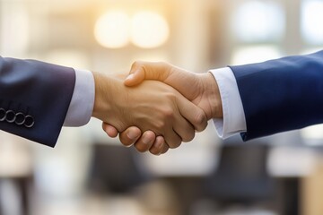  
Aperto de mãos entre duas pessoas em trajes formais dentro de um escritório moderno com fundo desfocado, criado com IA generativa